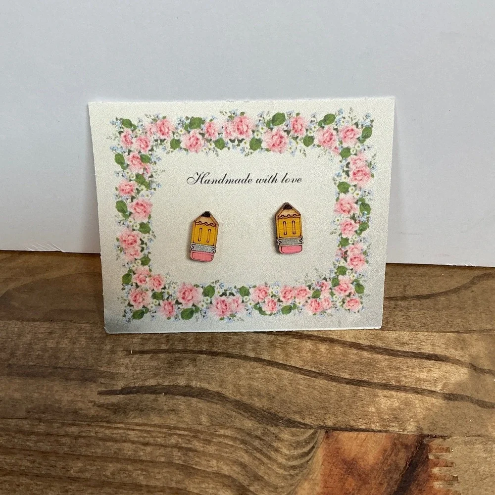 Handmade Pencil Stud Earrings Women OS Yellow Pink Wood Back to School Teacher